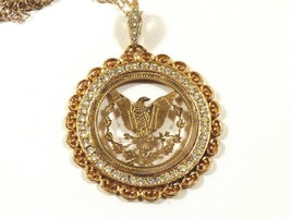 Gold Tone metal filigree Eagle Crest clear Rhinestones Pendant Necklace - £28.48 GBP