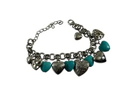 Silver Tone Bracelet Faux Turquoise Heart Dangle Charm Valentines Day 9.5&quot; - £9.54 GBP