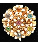 Vtg Gold Tone Enamel Over Metal 7 Rhinestone Fashion Floral Brooch Pin - $371.04 MXN