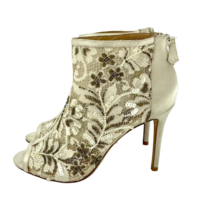 Badgley Mischka Moyra Booties Peep toe Beaded Sequin Beige Ankle SZ 7.5 SH25 - $79.20