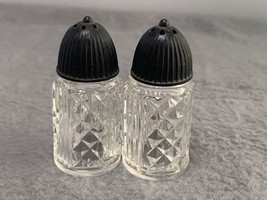 Vintage Diamond Cut Glass Salt &amp; Pepper Shakers with Black Tops 1950s - £7.73 GBP