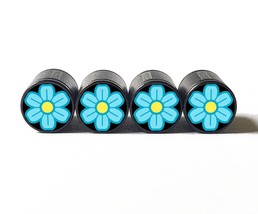 Blue and Yellow Flower Emoji Tire Valve Stem Caps - Black Aluminum - Set of Four - £12.58 GBP