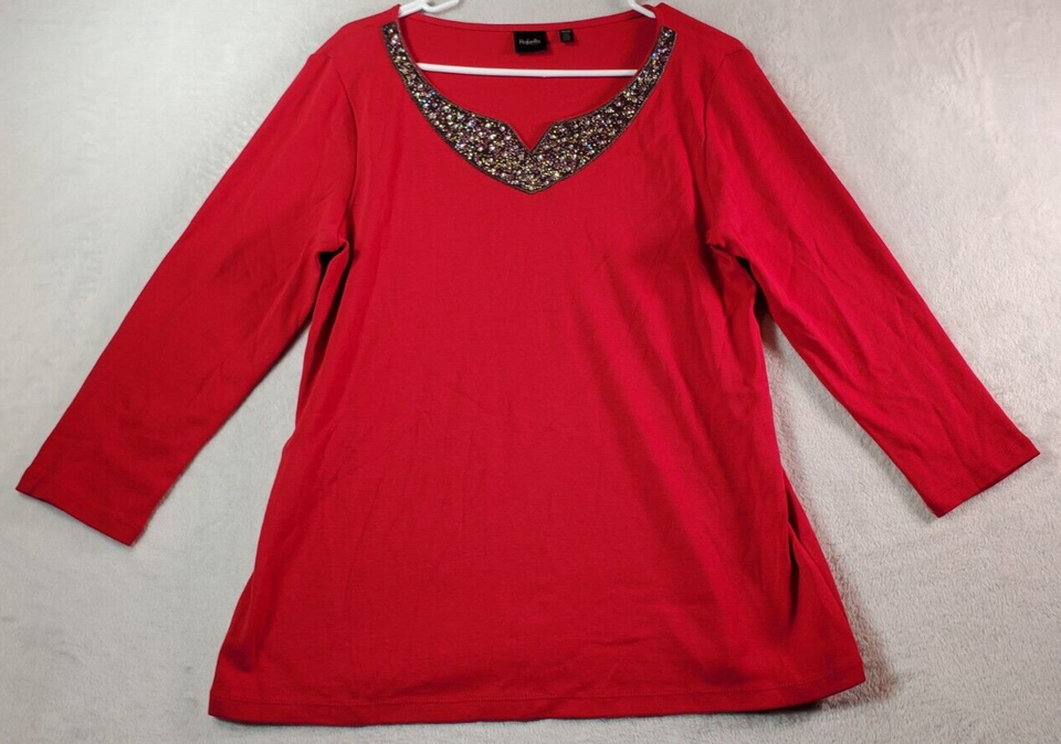 Primary image for Rafaella T Shirt Top Womens Petite Medium Red 100% Cotton Long Sleeve Round Neck