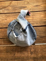 Upcycled Denim Jeans Japanese Knot Bag Wristlet Knot Bag Eco friendly Bag - £17.36 GBP