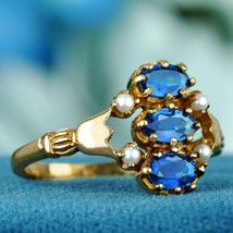 Natural Blue Sapphire and Pearl Vintage Style Three Stone Ring in Solid 9K Gold - £438.05 GBP
