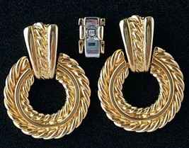 VTG Goldtone Door Knocker Rope Earrings + 1 Mixed Gold Silver CZ Accent - £11.54 GBP