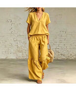 Womens Casual Solid Color V-Neck Loose Short-Sleeve Pants Set - $22.29