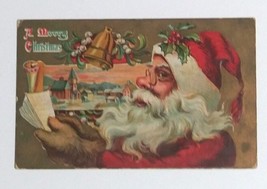 A Merry Christmas Santa Checking His List with Fur Gloves Embossed Postcard 1920 - £10.27 GBP