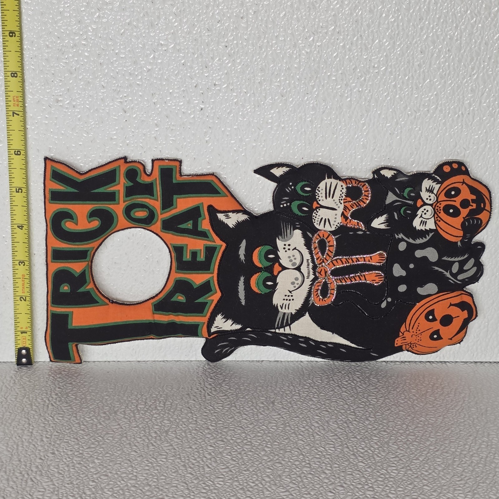 Vintage Halloween Black Cat And Pumpkin TRICK OR TREAT Fabric Door Knob Hanger Item image 7