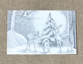 Vintage Ann Adams Baby Deer Fawn In snow Pine Tree Holiday Card Ephemera - £3.15 GBP