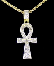 Icy Ankh Pendant 14k Gold Plated Cz w/ 24&quot; Rope Chain Hip Hop Necklace - £7.22 GBP