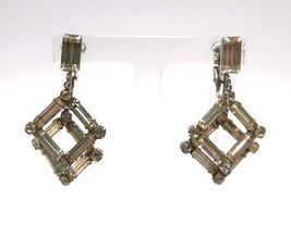 Vtg silver tone &amp; clear rhinestone diamond shaped double hung dangle ear... - $12.00
