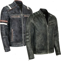 Men Real Sheepskin Biker Leather Jacket Vintage Motorcycle Black Cafe Racer Coat - £68.57 GBP