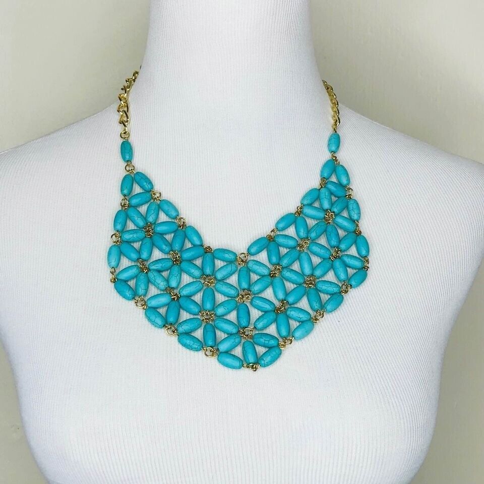 Turquoise Beaded Bib Statement Necklace Earrings Set - £17.33 GBP