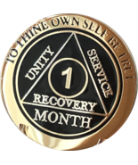 1 Month AA Medallion Elegant Black Gold &amp; Silver Plated Sobriety Chip Coin - £12.53 GBP