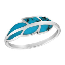 Floating Feather Reconstructed Blue Turquoise Inlays Sterling Silver Ring-7 - £11.95 GBP
