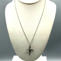 Cross and Rose Pendant Necklace, Gothic Minimalist on Delicate Silver Tone Chain - £22.42 GBP