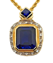 Designer  Sapphire &amp; Diamond 14K Yellow Gold Pendant on Rope Chain Necklace - £915.04 GBP
