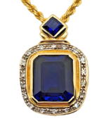 Designer  Sapphire &amp; Diamond 14K Yellow Gold Pendant on Rope Chain Necklace - £926.96 GBP