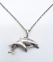 Vintage Sterling Silver 925 Mom and Baby Dolphin Pendant Necklace 18 in - £31.03 GBP