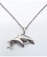 Vintage Sterling Silver 925 Mom and Baby Dolphin Pendant Necklace 18 in - £31.13 GBP