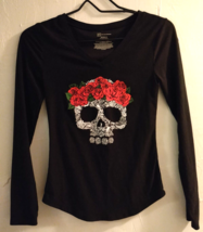 No Boundaries Skull W/Red Roses Crown Black L/S Shirt Small (1) Halloween Skull - £9.93 GBP