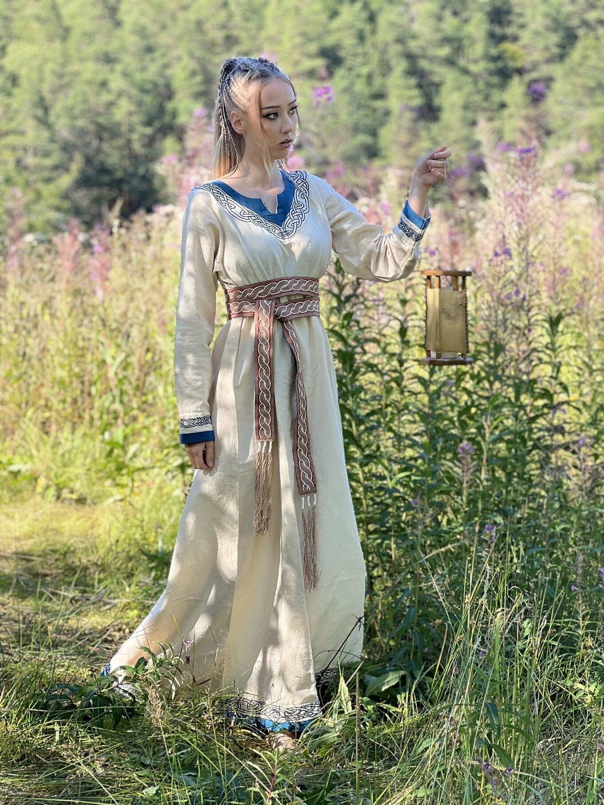 Viking Dress in Natural/Blue with Embroidery – Authentic Medieval Style - $99.99