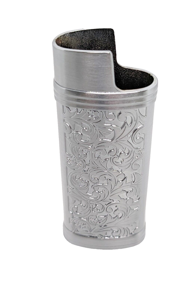 Chromium Brushed Floral Design #2 Heavy Metal Mini Bic Cigarette Lighter Case