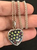 Glass Heart Pendant Hand made Millefiori Italy .925 Sterling 17” - £39.88 GBP
