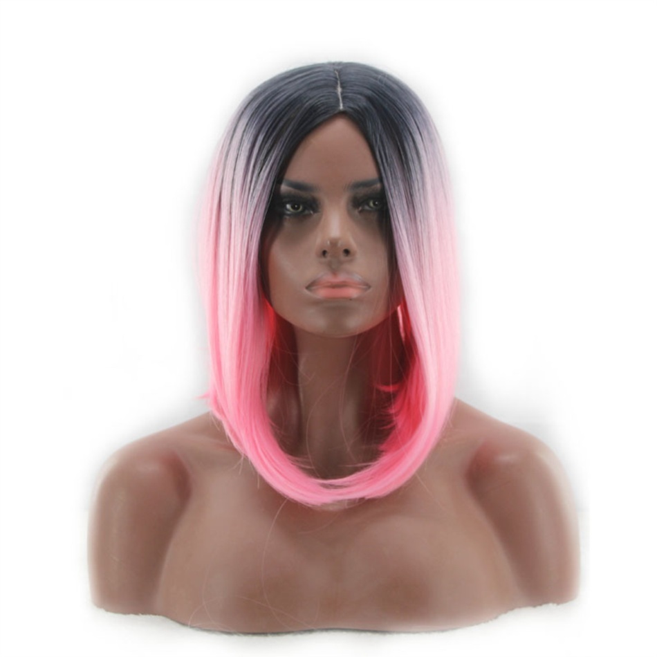 Primary image for Fashion Synthetic Hair Wigs Short Bob Black to Pink Middle Part 12 inch