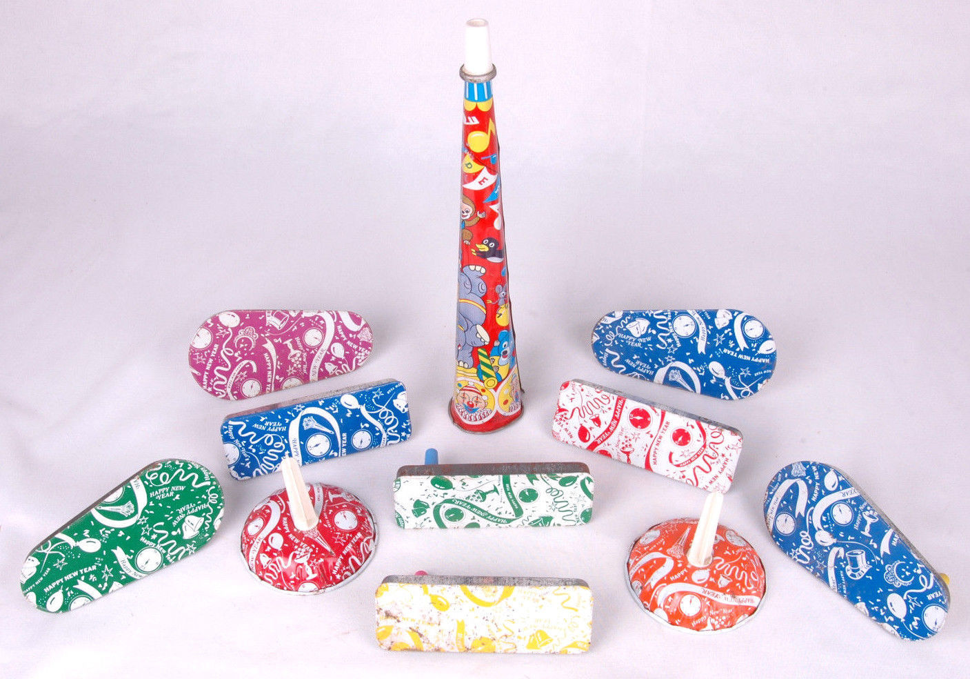 Vintage Lot of 11 Tin Metal Noisemakers-Happy New Year-Clown Circus-Made... - $28.04