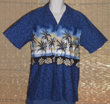 RJC Hawaiian Shirt Blue Black Tan Palm Trees Size Medium - £17.36 GBP