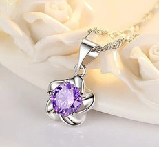 2Ct Round Cut Simulated Amethyst Flower Pendant 14k White Gold Plated 18&quot; Chain - £44.83 GBP