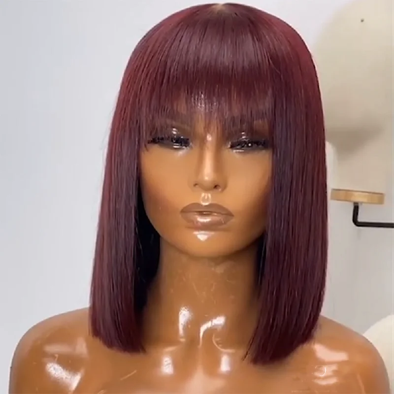 99J Burgundy Red Short Human Hair Wig with Fringe for Women Straight Remy Hair - £28.74 GBP+