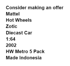 Mattel Hot Wheels Zotic Diecast Car HW Metro 5 Pack 2002 Blue - $7.87