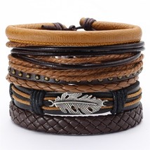 Black Taichi  Feather Men Bracelets 5pcs/set Wristband Fashion Rope Wrap Cuff Ba - £10.56 GBP
