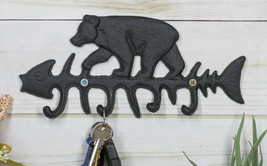 Cast Iron 9&quot; Rustic Forest Black Bear On Fish Bone 4 Pegs Wall Hook Deco... - £15.93 GBP