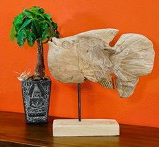 Wood Fish Solid Koi Carp 17 11/16in Sculpture Decorative Statue Stands Teakwood - $100.37