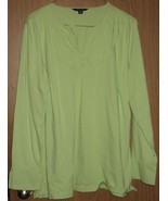 Womens L 14-16 Lands&#39; End Lime Green Puckered V-Neck Tunic Shirt Top Blouse - $18.81