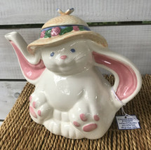 Vintage Treasure Craft Teapot Bunny Rabbit Butterfly on Hat Lid Ceramic USA made - £31.81 GBP