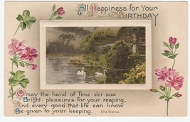 Vintage Postcard Birthday Swans Woman Pink Flowers Embossed - £6.25 GBP