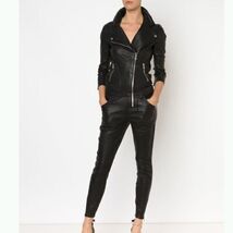 Black Original 100%Lambskin Leather Jumpsuit Women Winter Fashionable Ca... - $292.50+