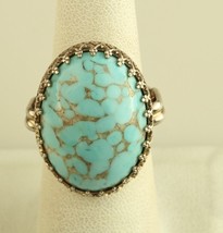 Vintage handmade oval turquoise and sterling silver boho ring - £71.22 GBP