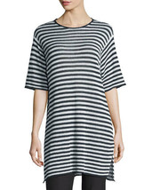NWT Eileen Fisher Organic Linen Stripe Knit Gray-White Tunic Sweater Siz... - $74.25