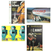 Robots Science Fiction 4 Vtg Postcard Lot Pulp Covers Spaceland Rocket IKEA 90s - £10.80 GBP