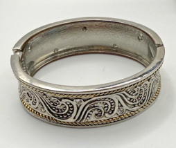 Vintage 80s 90s Bracelet Silver Tone Hinged Cuff Etched Gold Rope Rhines... - $257.81 MXN