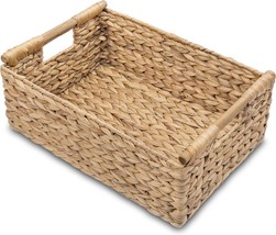 Large Wicker Basket Rectangular With Wooden Handles For Shelves, Water Hyacinth - £39.07 GBP