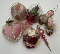 Victorian Christmas Ornaments Shabby Chic Pink Red Rose Beaded Pearl Ribbon Lot - £26.50 GBP