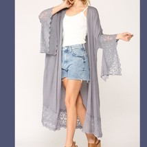 New Gigio by Umgee Large Gray Open Embroidered Duster Jacket Lace Dolman Sleeves - £21.32 GBP