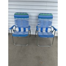 Pair Of Retro Vintage Steel Frame Lawn Pool Chair Blue/White Vinyl Plast... - $74.65